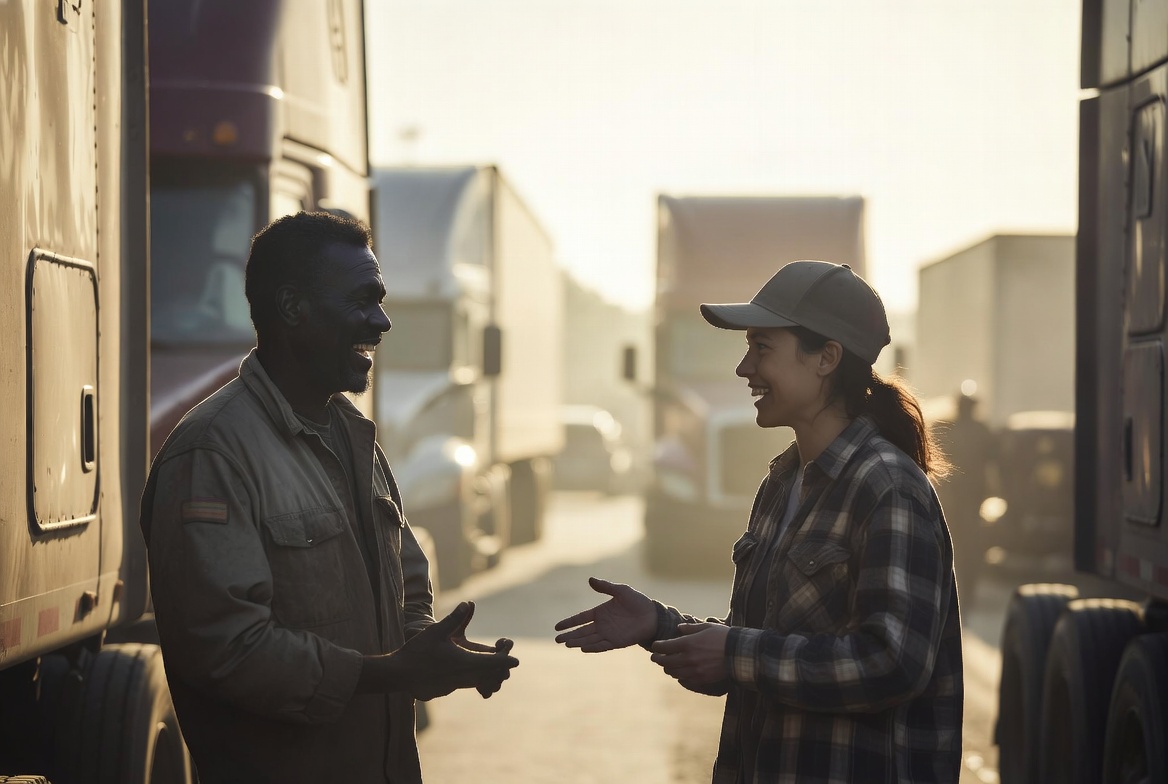 Two US Loads drivers talking beside a semi truck at golden hour