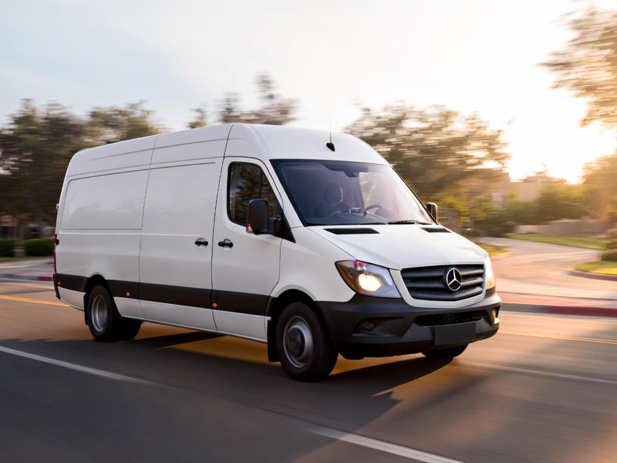 Cargo van driving on a city delivery route